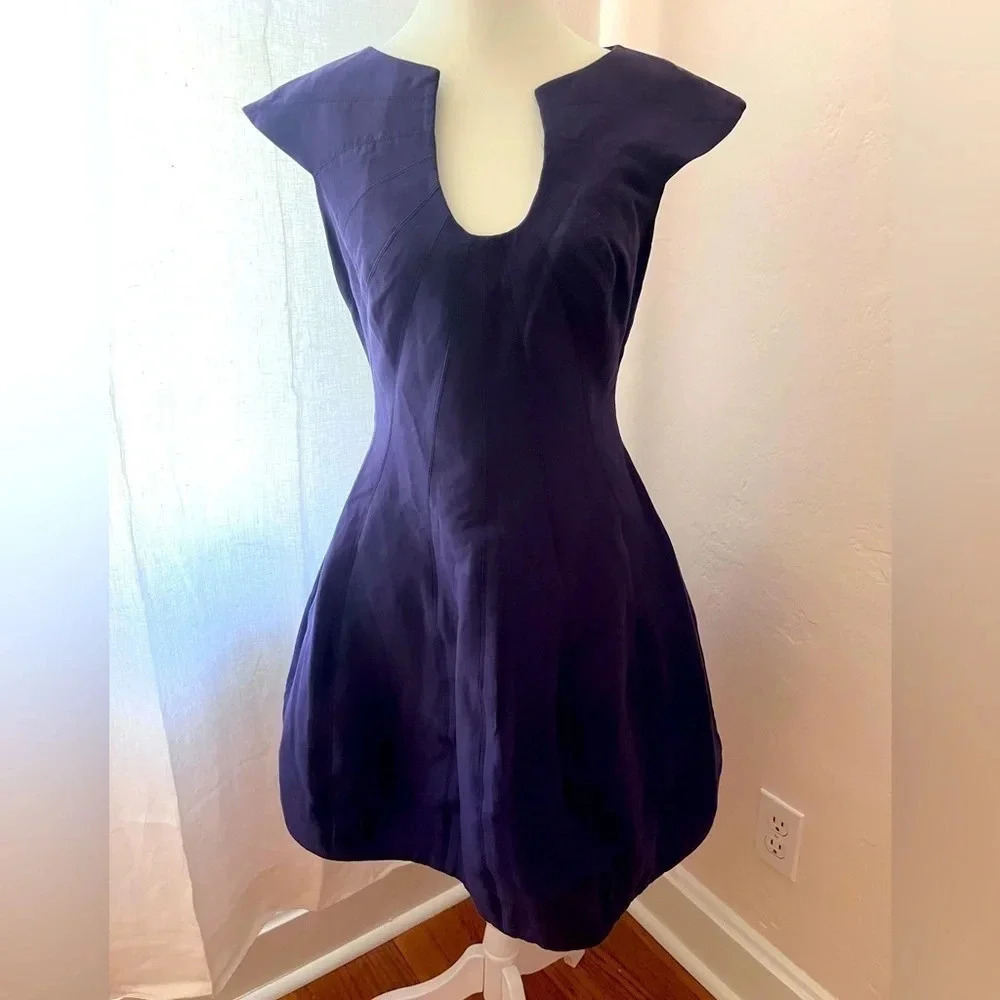 Halston Heritage Capped Sleeve Navy Blue Midi Dress‎ Women Size Est Small